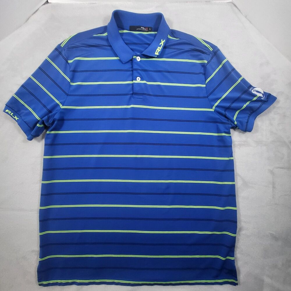 RLX Ralph Lauren Polo Shirt Mens XL Blue Striped The Open Muirfield 2013 Golf